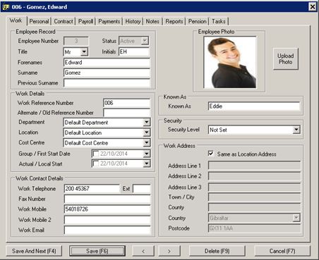 The EasyPay employee record screen, showing personal details, contract information and payroll settings