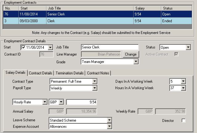 Screenshot of contracts section